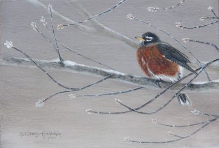 Painting of a robin bird sitting on a tree branch with snow