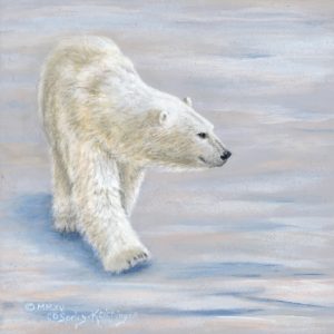Painting of a white polar bear walking on snow